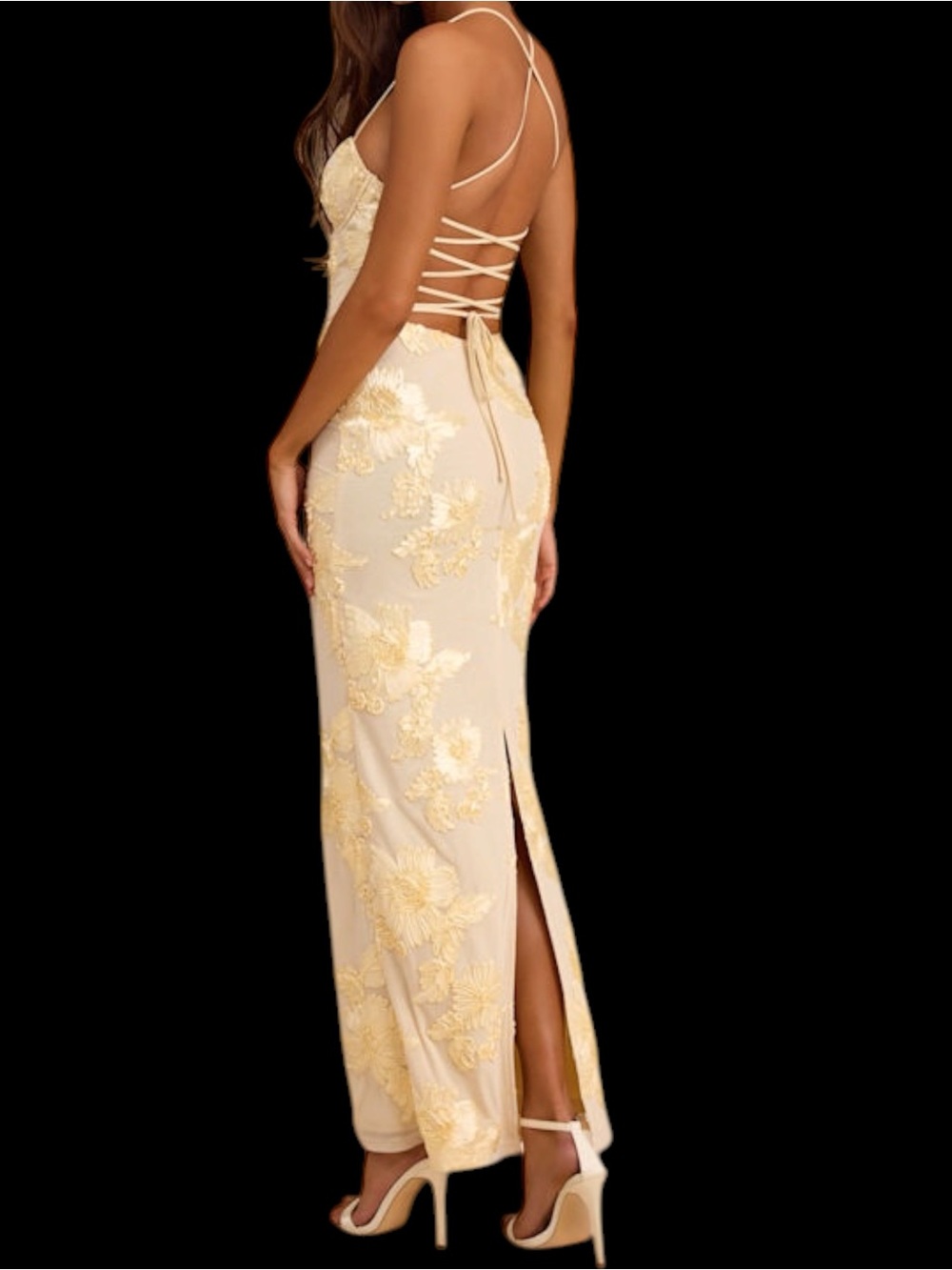 Lulus Nantessa Pale Yellow Floral Applique Lace-Up Back Maxi Dress Slit Medium